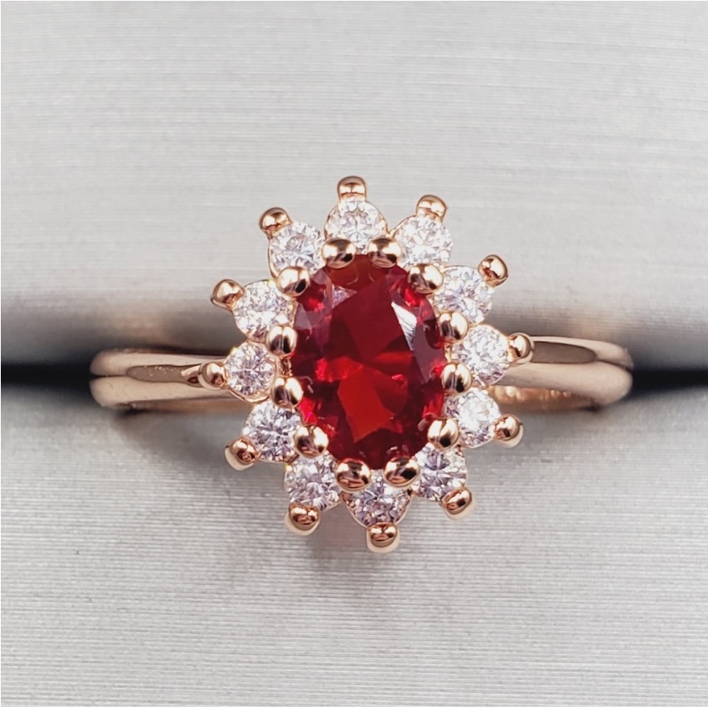 Red Oval Cut Ruby Simulant 18k Pink Rose Gold Tone Diamond Simulants Halo Ring